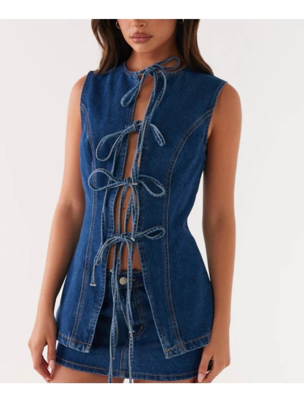 Sleeveless Tie-Front Denim Top & skirt Set